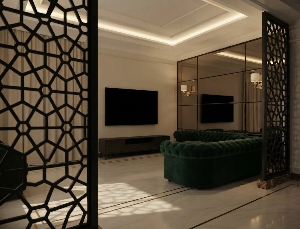 فاصل ديكور حديد بنمط هندسي داخل مجلس